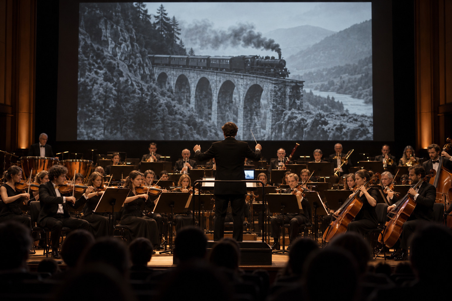 Orchestre enregistrant une bande originale dans un studio pour un film